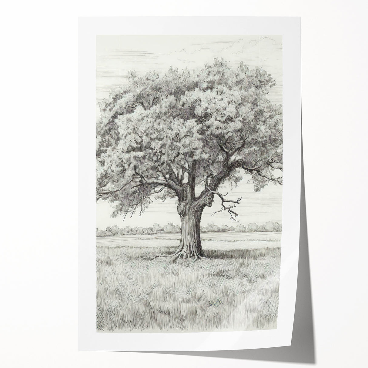 Vintage Oak Tree Sketch Art – Classic Monochrome Nature Print