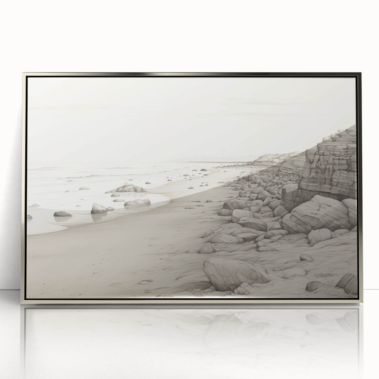 Vintage Landscape Art - Coastal Rocks and Beach in Black and White Ink