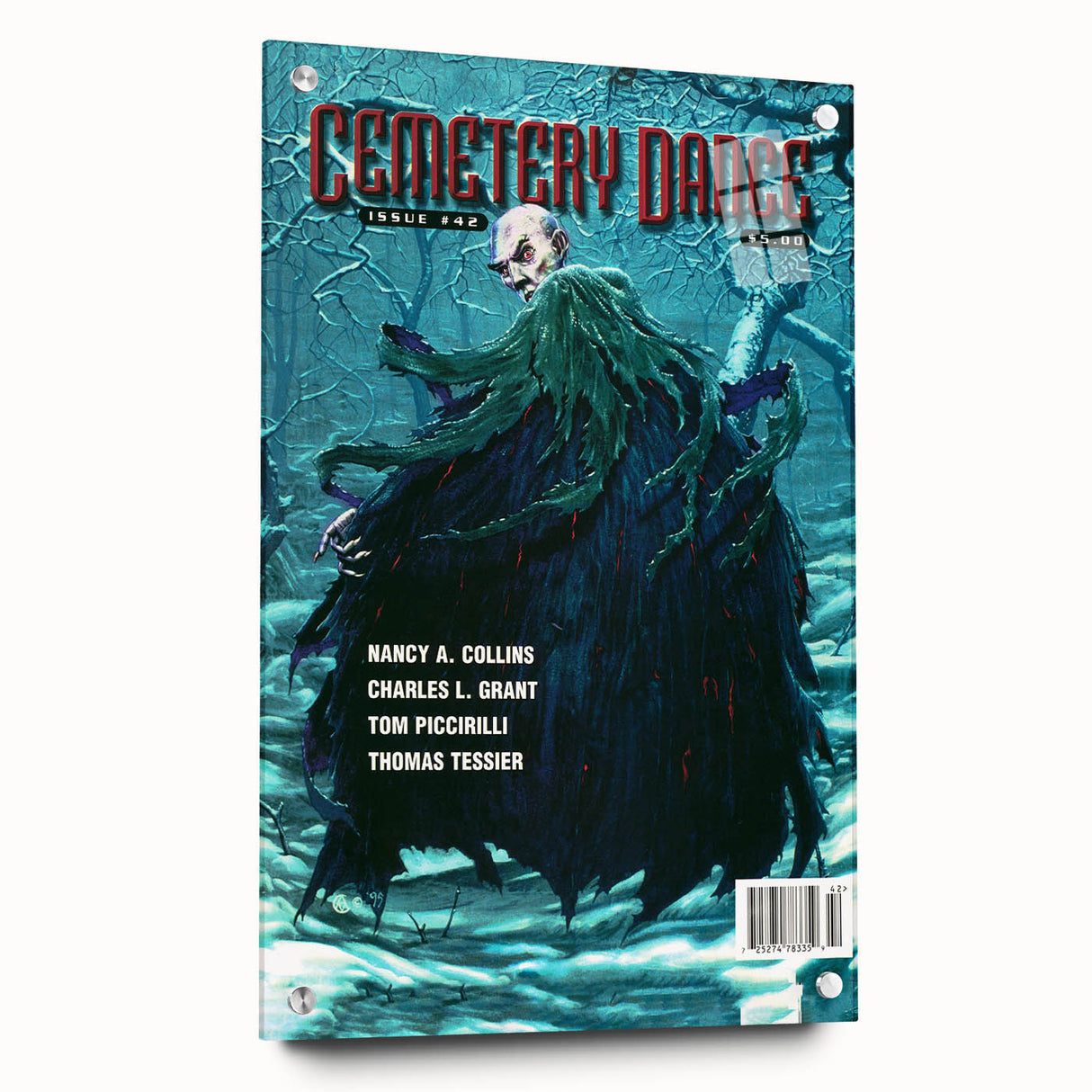 Vintage Cemetery Dance Cover Art – Dark Figure in Winter Retro Print