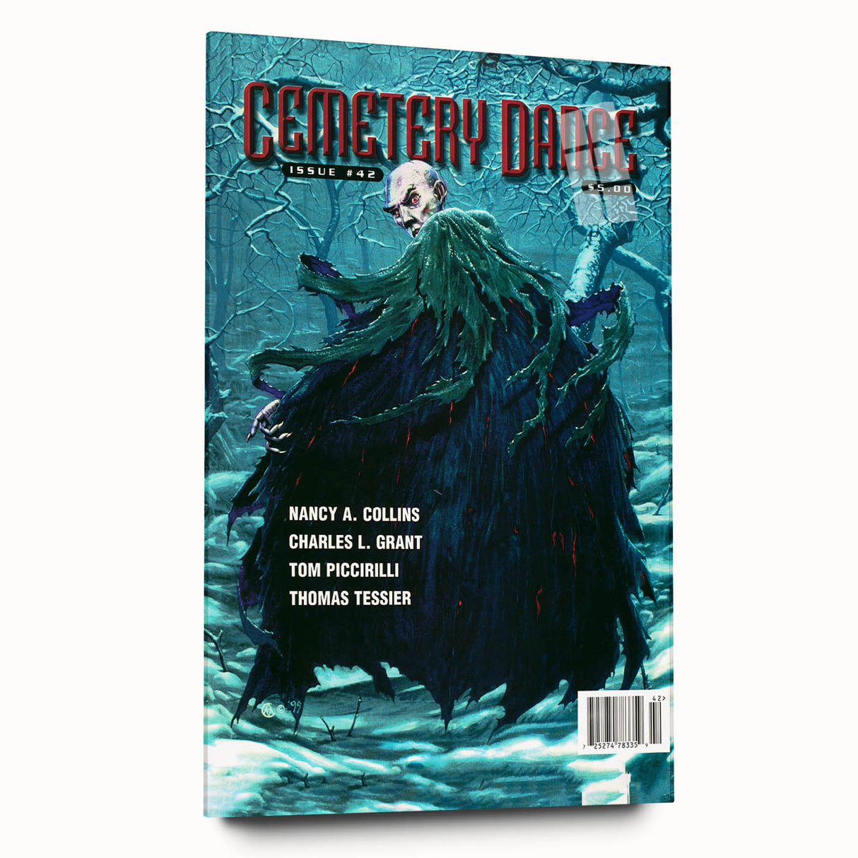 Vintage Cemetery Dance Cover Art – Dark Figure in Winter Retro Print