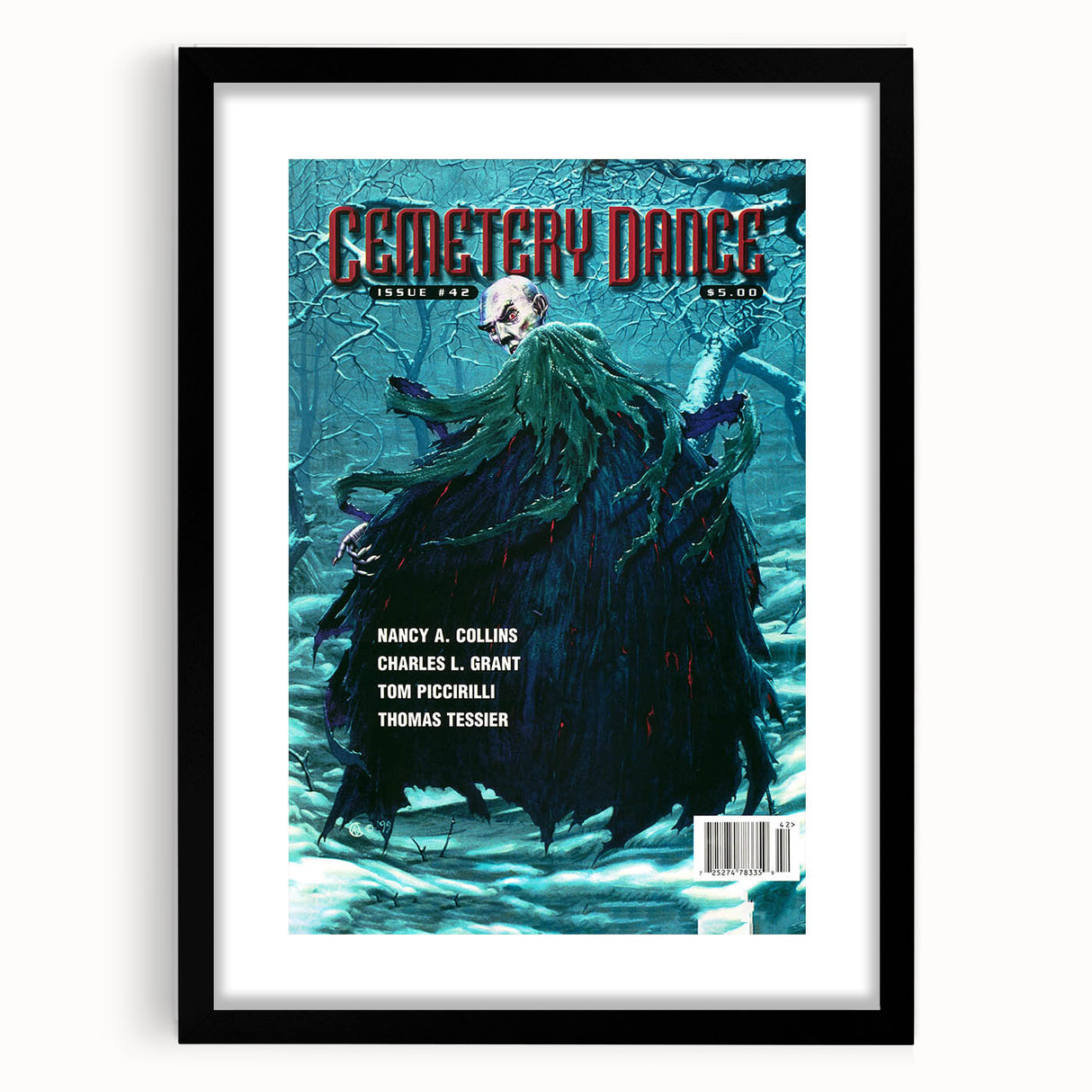 Vintage Cemetery Dance Cover Art – Dark Figure in Winter Retro Print