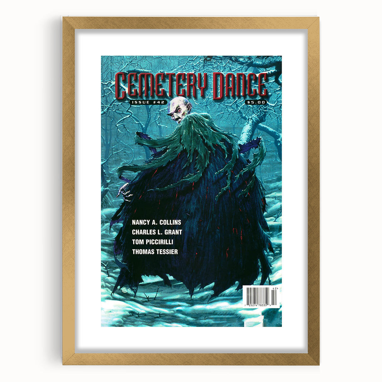 Vintage Cemetery Dance Cover Art – Dark Figure in Winter Retro Print