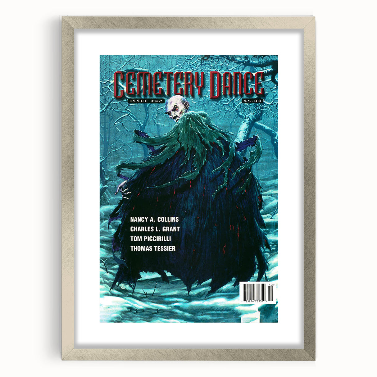 Vintage Cemetery Dance Cover Art – Dark Figure in Winter Retro Print