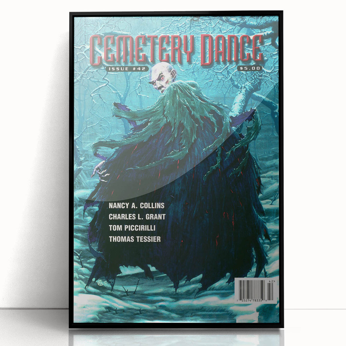 Vintage Cemetery Dance Cover Art – Dark Figure in Winter Retro Print