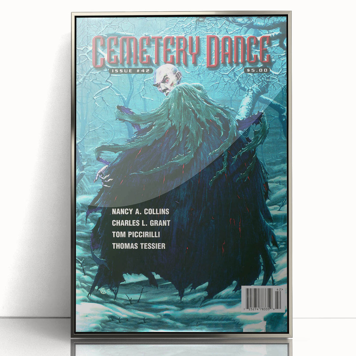 Vintage Cemetery Dance Cover Art – Dark Figure in Winter Retro Print
