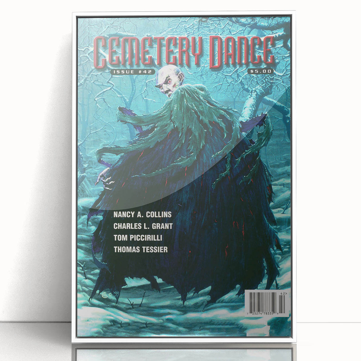 Vintage Cemetery Dance Cover Art – Dark Figure in Winter Retro Print