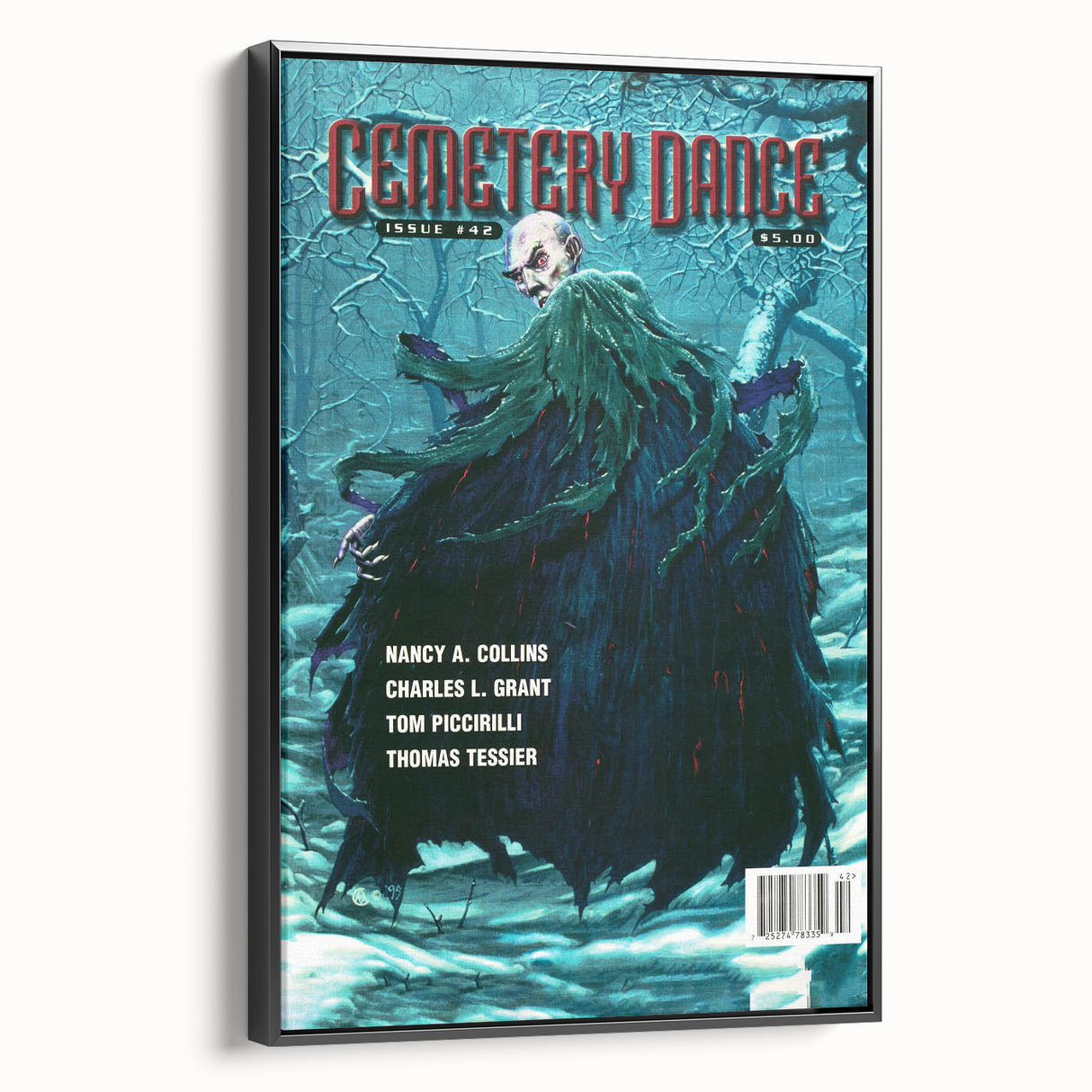 Vintage Cemetery Dance Cover Art – Dark Figure in Winter Retro Print