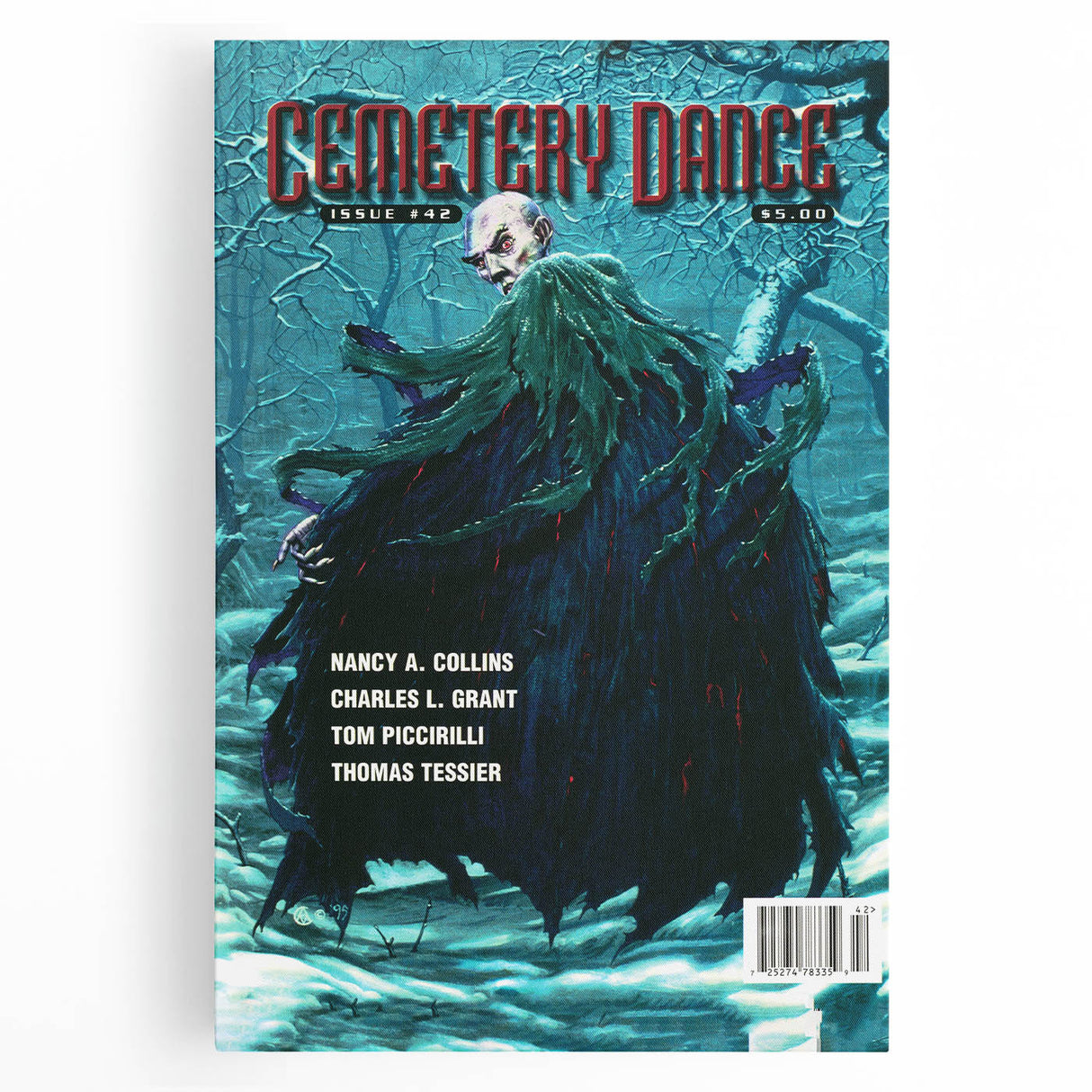 Vintage Cemetery Dance Cover Art – Dark Figure in Winter Retro Print
