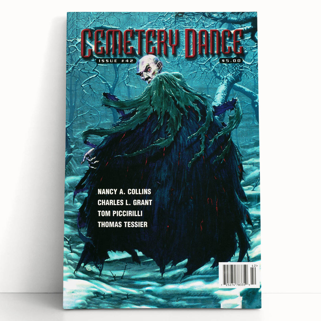 Vintage Cemetery Dance Cover Art – Dark Figure in Winter Retro Print