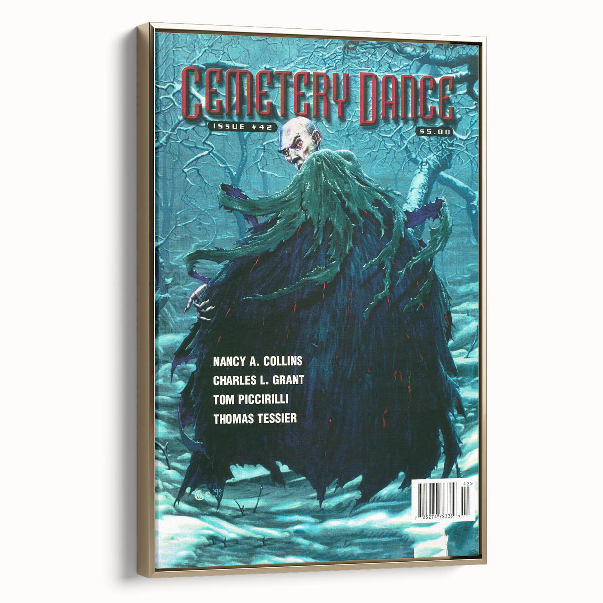 Vintage Cemetery Dance Cover Art – Dark Figure in Winter Retro Print