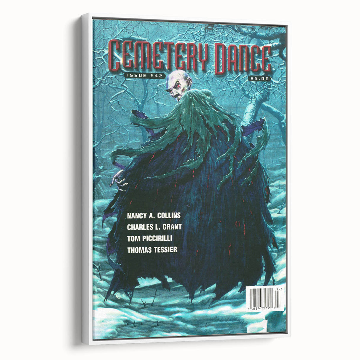 Vintage Cemetery Dance Cover Art – Dark Figure in Winter Retro Print