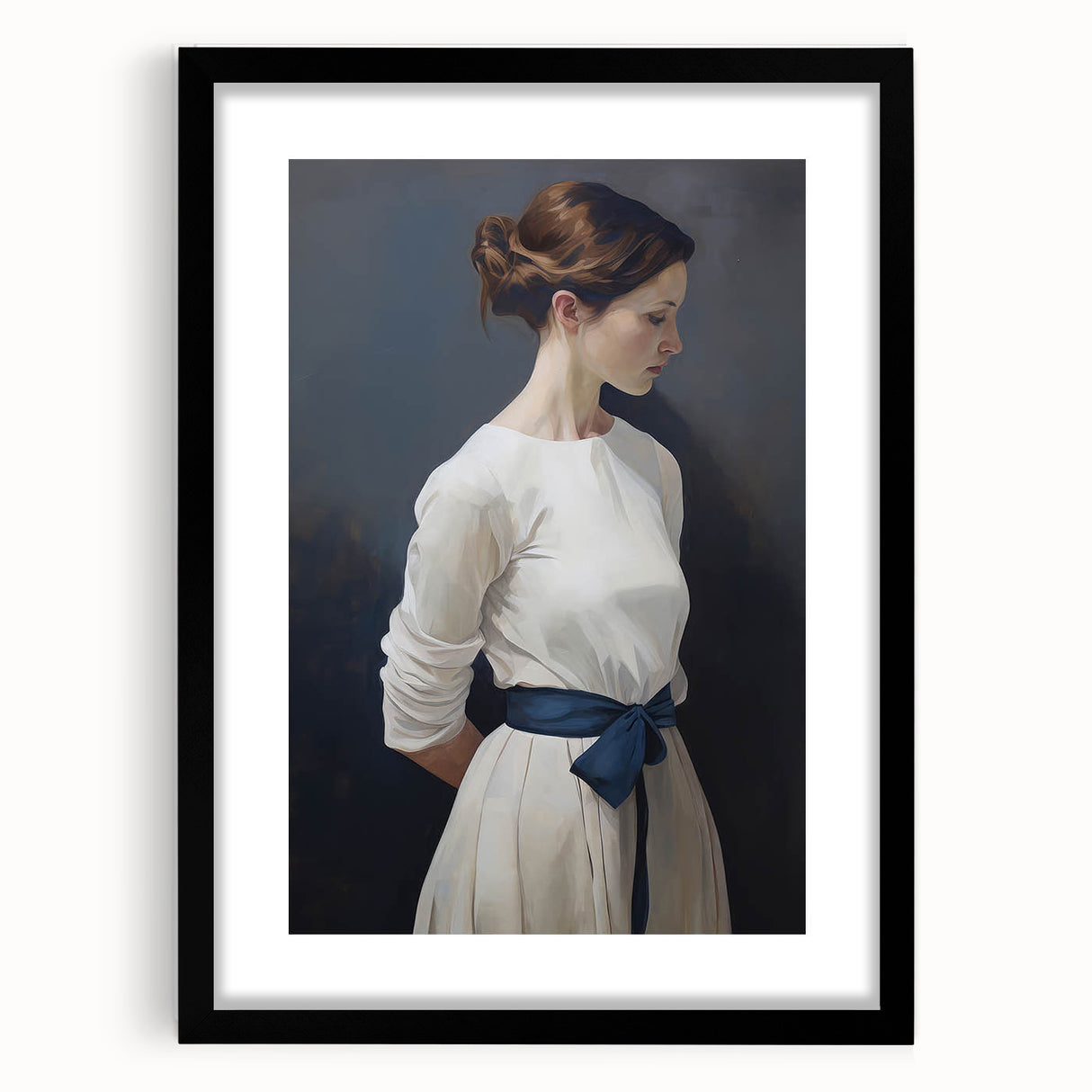 Classic Portrait Artwork - Elegant Woman in White with Blue Sash