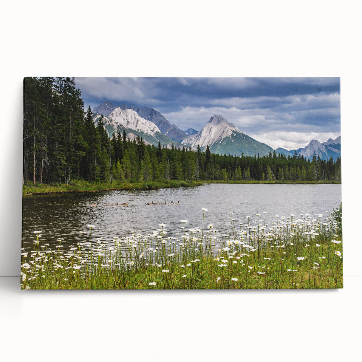 Vibrant wall art design showcasing a collection of wildflowers on a stretched canvas, leaning against a textured wall, perfect for home decor enhancement.