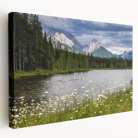 Stretched canvas wall art featuring a vibrant wildflower design with rich colors, displayed in a side view to showcase its texture and depth, perfect for home decor.
