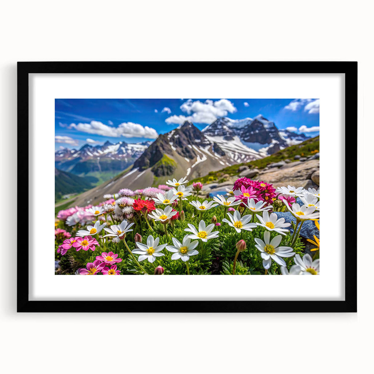 Framed wall art collection showcasing a vibrant wildflower design, featuring a sleek black frame and a white mat, perfect for home decor enhancement.