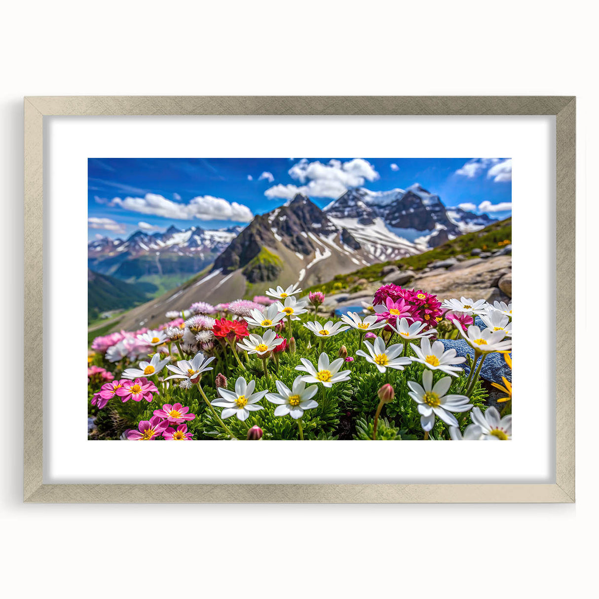 Framed wall art featuring a vibrant wildflower design in a silver mat and frame, showcasing a colorful floral arrangement ideal for home decor and interior design.