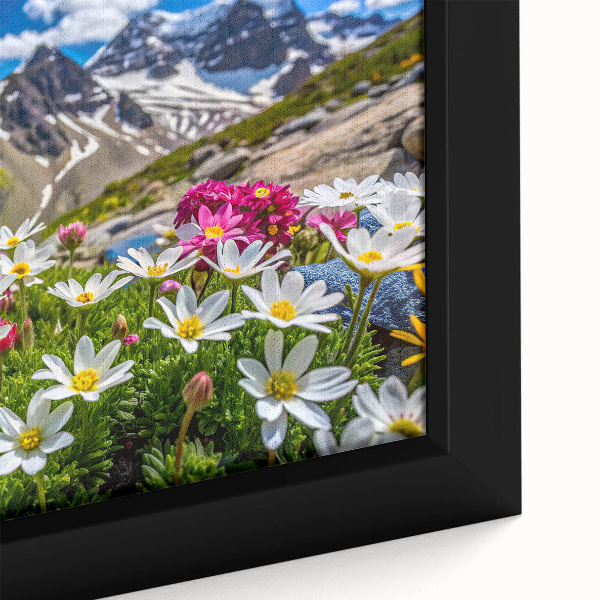 Close-up of a framed canvas from the Wildflowers Design 7 wall art collection, showcasing vibrant, colorful wildflower illustrations against a neutral background, perfect for enhancing home decor.