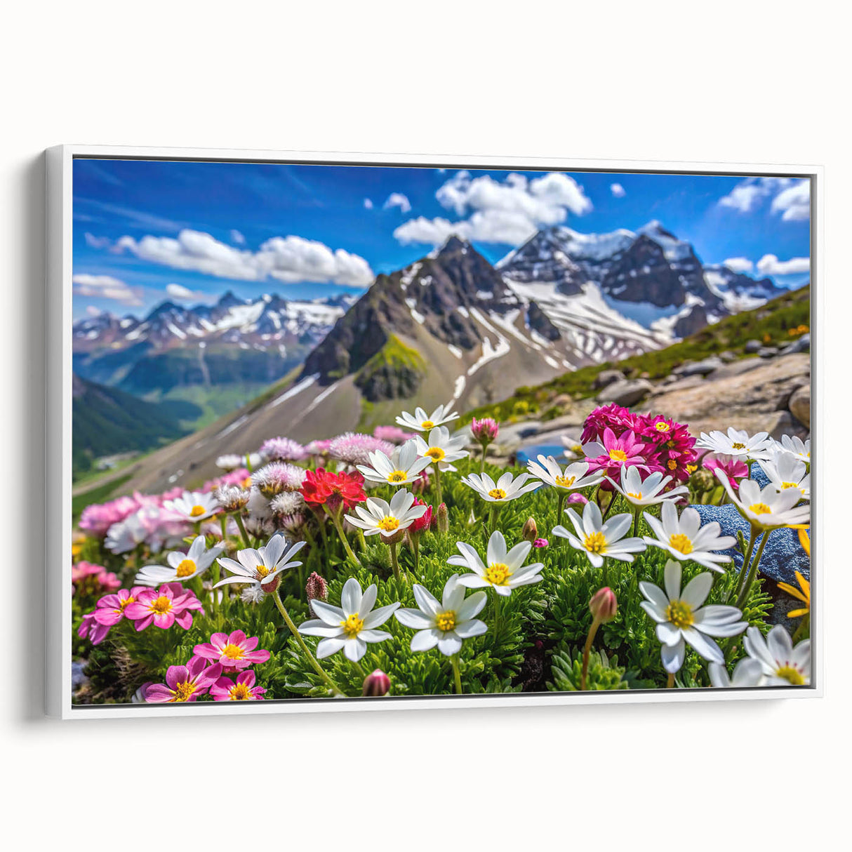 Framed wall art featuring a vibrant wildflower design on canvas, showcasing intricate details and rich colors, set against a white frame for a modern aesthetic.