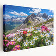 Stretched canvas wall art showcasing a vibrant wildflower design with rich colors, displayed from a side angle, perfect for enhancing home decor.