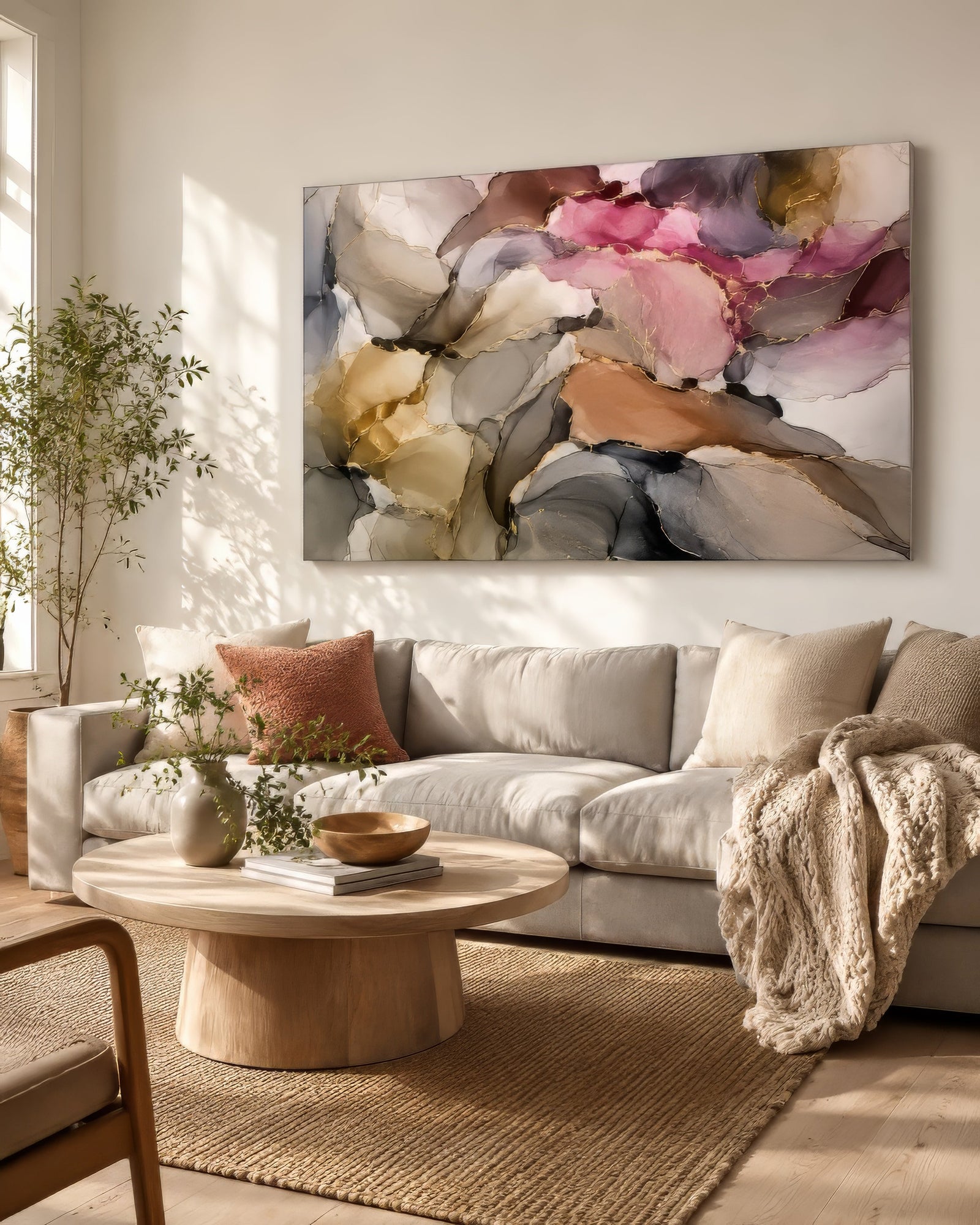 Fluid abstract wall art in pink, gold, and grey hung above a cream sofa in a neutral greige living room