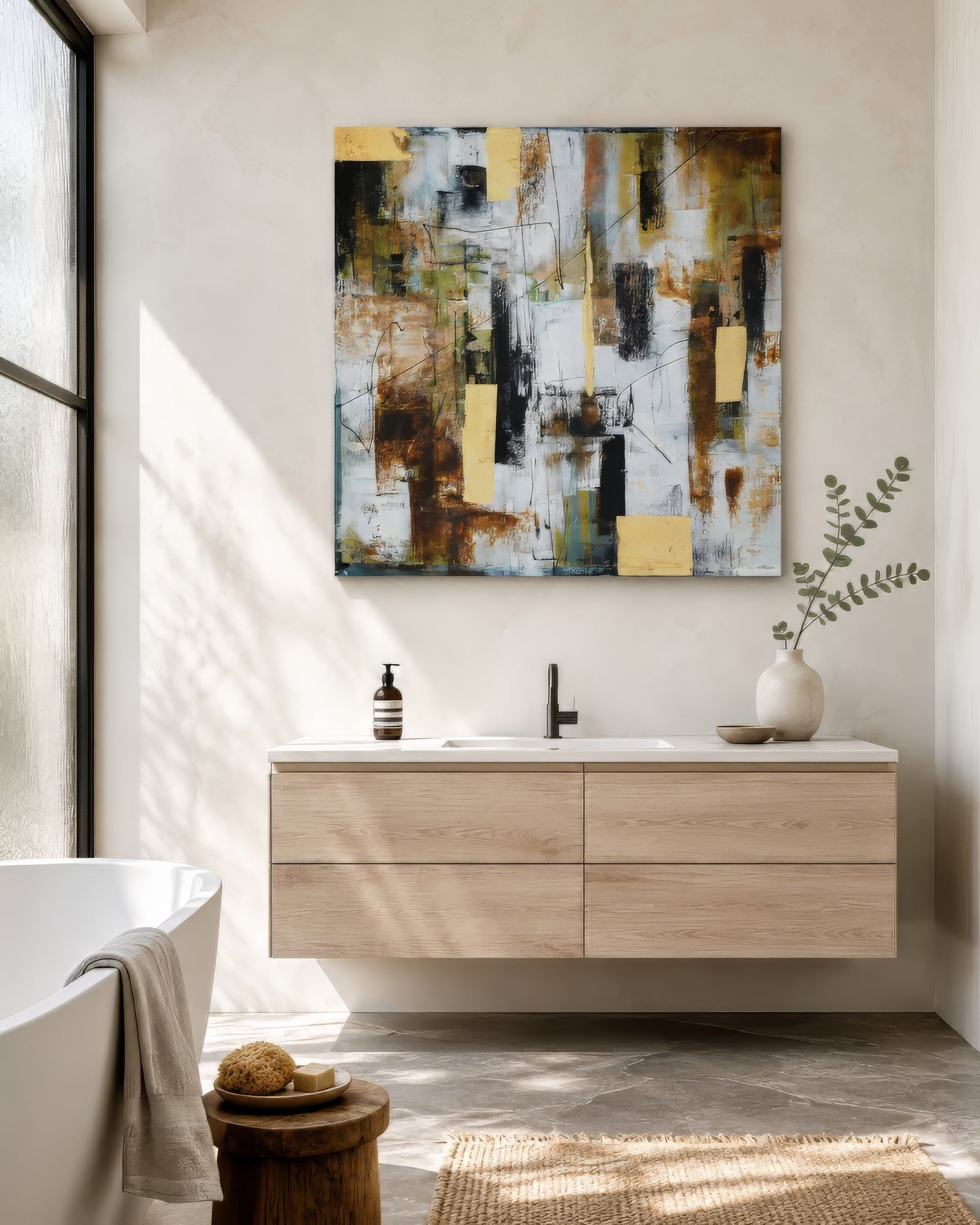Textured abstract painting in earthy green, brown and gold hues hung over an oak floating vanity in a light bathroom.