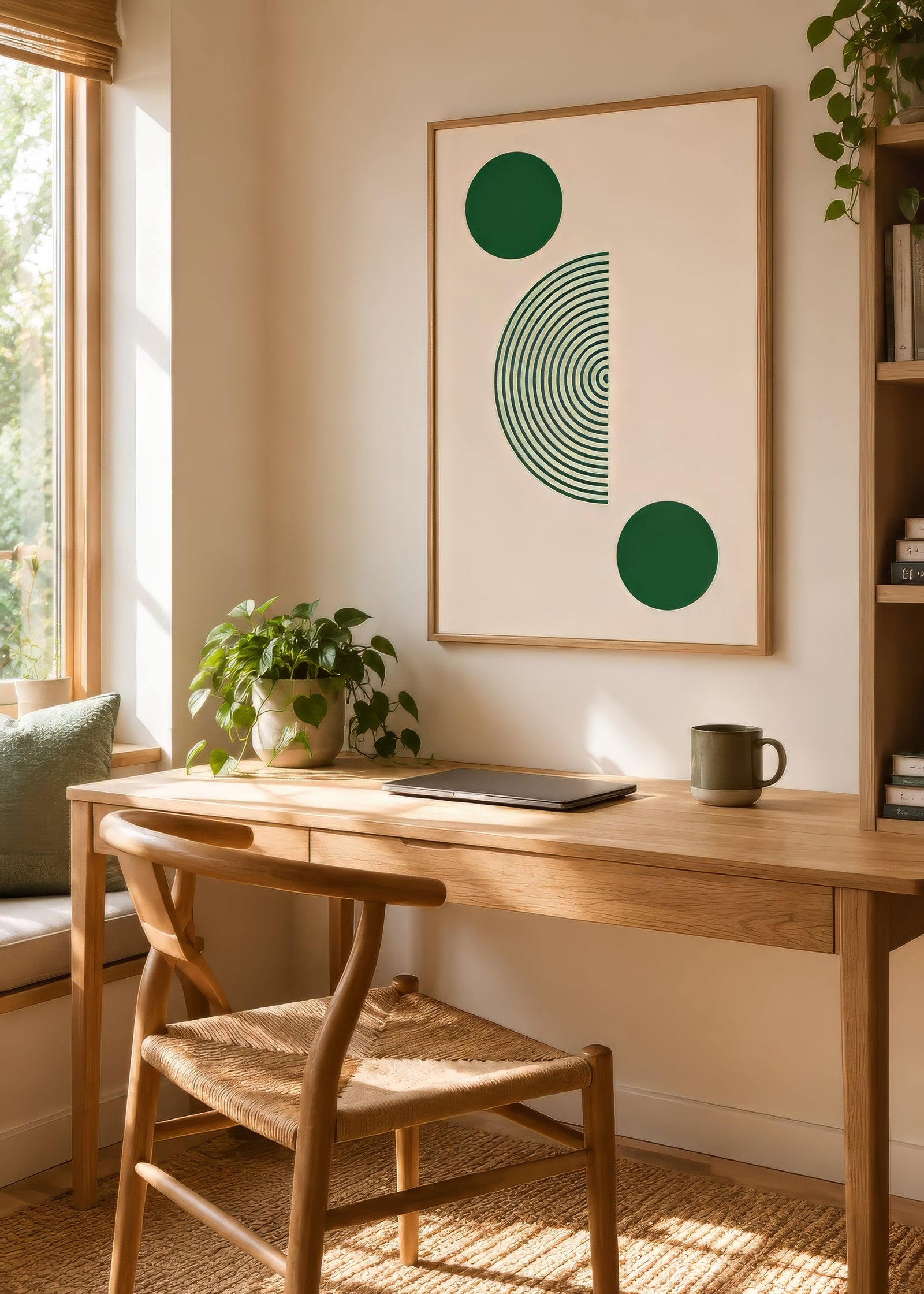 Green and ivory geometric print with concentric arcs and circles, framed above oak desk in serene modern home office.