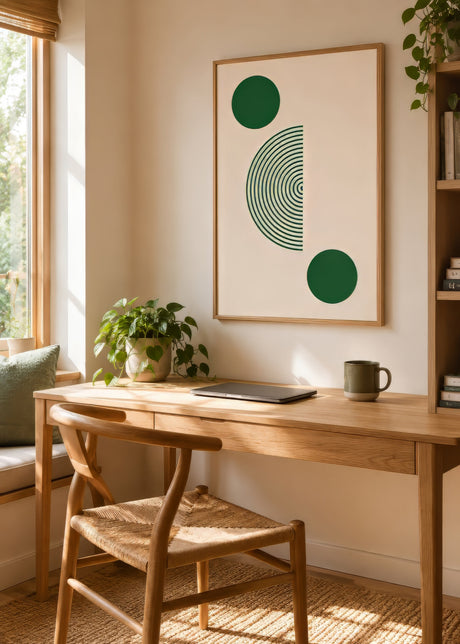 Green and ivory geometric print with concentric arcs and circles, framed above oak desk in serene modern home office.