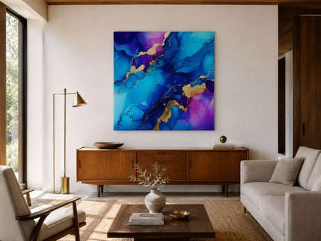 Vivid blue, purple, and gold marbled abstract canvas over a mid-century sideboard in a sunlit modern living room.