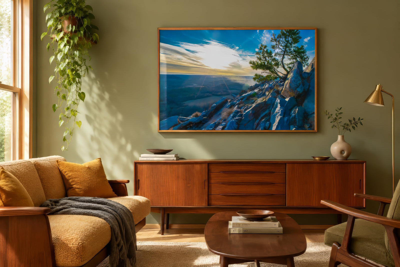 Warm countryside cliff landscape canvas in blue and gold, oak frame above sage sofa in cozy mid-century living room.