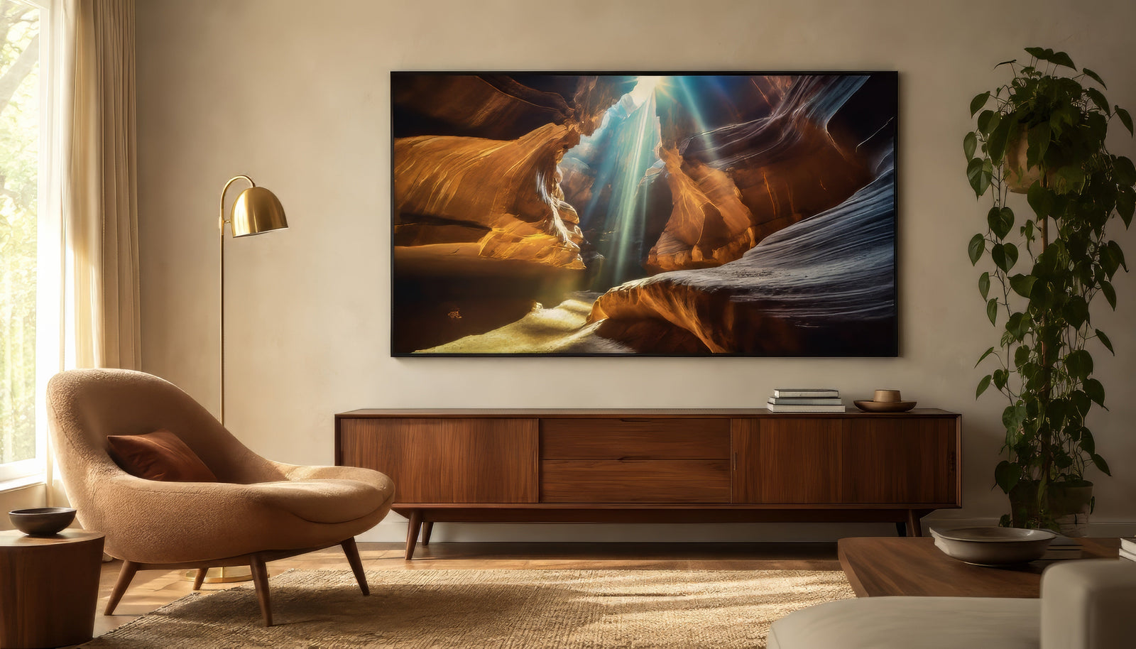 Dramatic slot canyon canvas in amber and copper tones above an oak credenza in an airy modern living room.