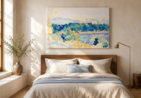 Impressionist Greek coastal landscape canvas in green, blue, and cream, hung above a wooden bed in a serene sunlit bedroom.