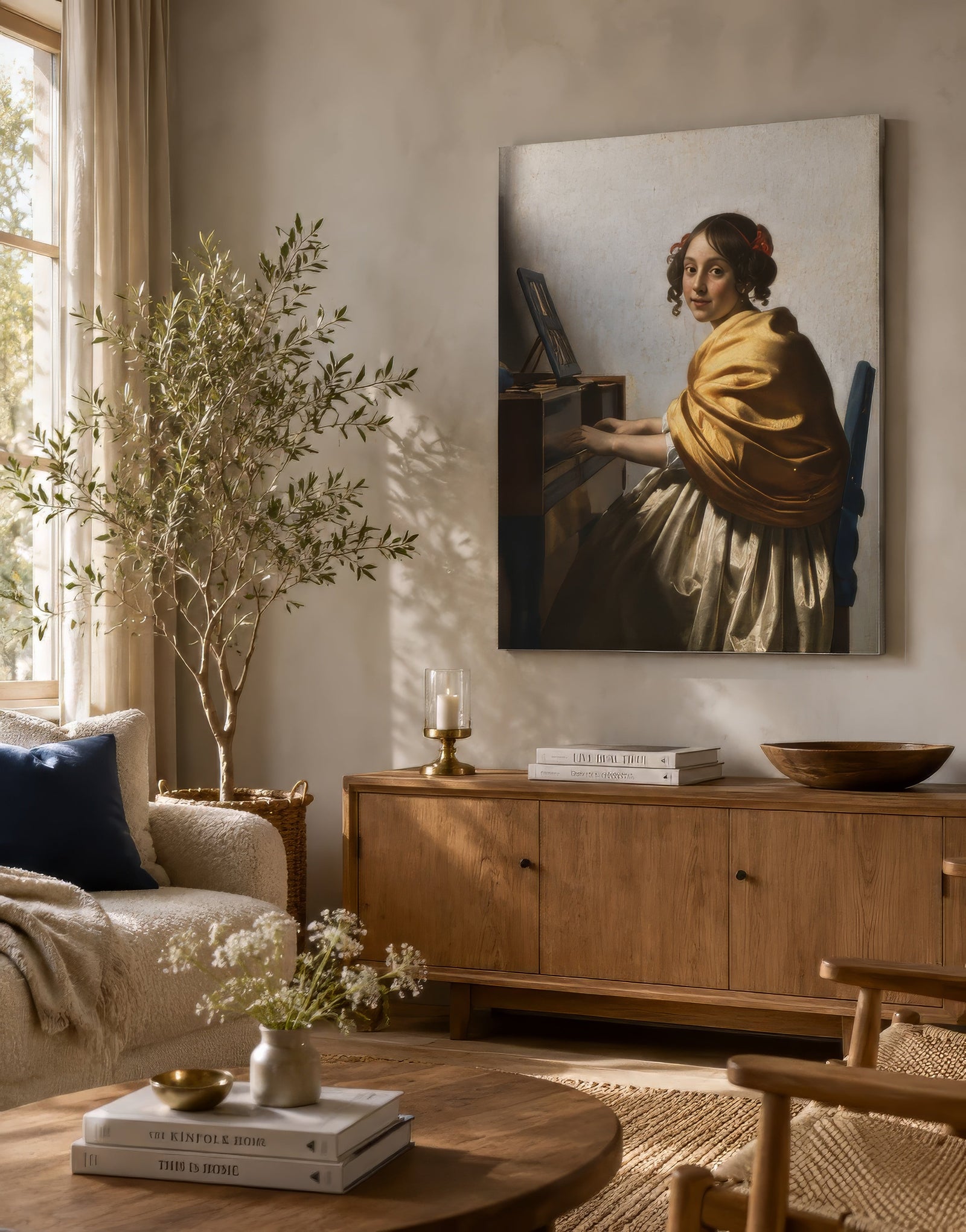 Baroque canvas of a woman playing a virginal in gold and cream tones, hung on a warm beige living room wall above a walnut sideboard.