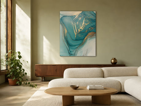 Teal and gold marbled abstract canvas above walnut credenza, cream boucle sofa, sage walls, calm modern living room.