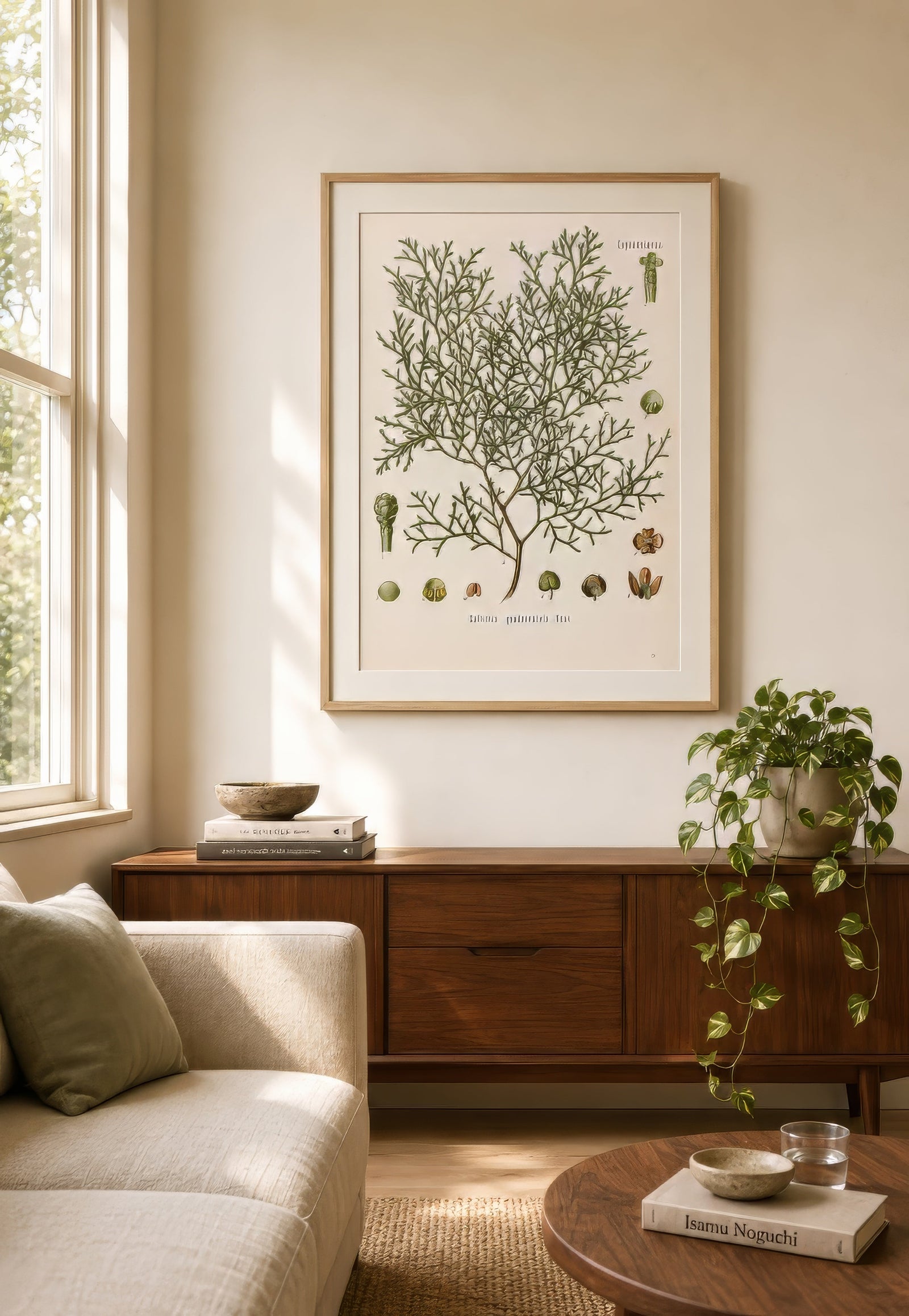 Green and ivory botanical shrub line-art print in thin light-oak frame above walnut sideboard in sunlit Scandinavian living room.