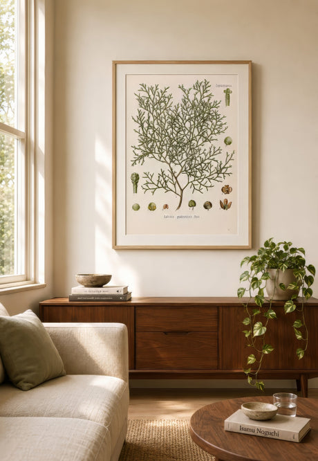 Green and ivory botanical shrub line-art print in thin light-oak frame above walnut sideboard in sunlit Scandinavian living room.