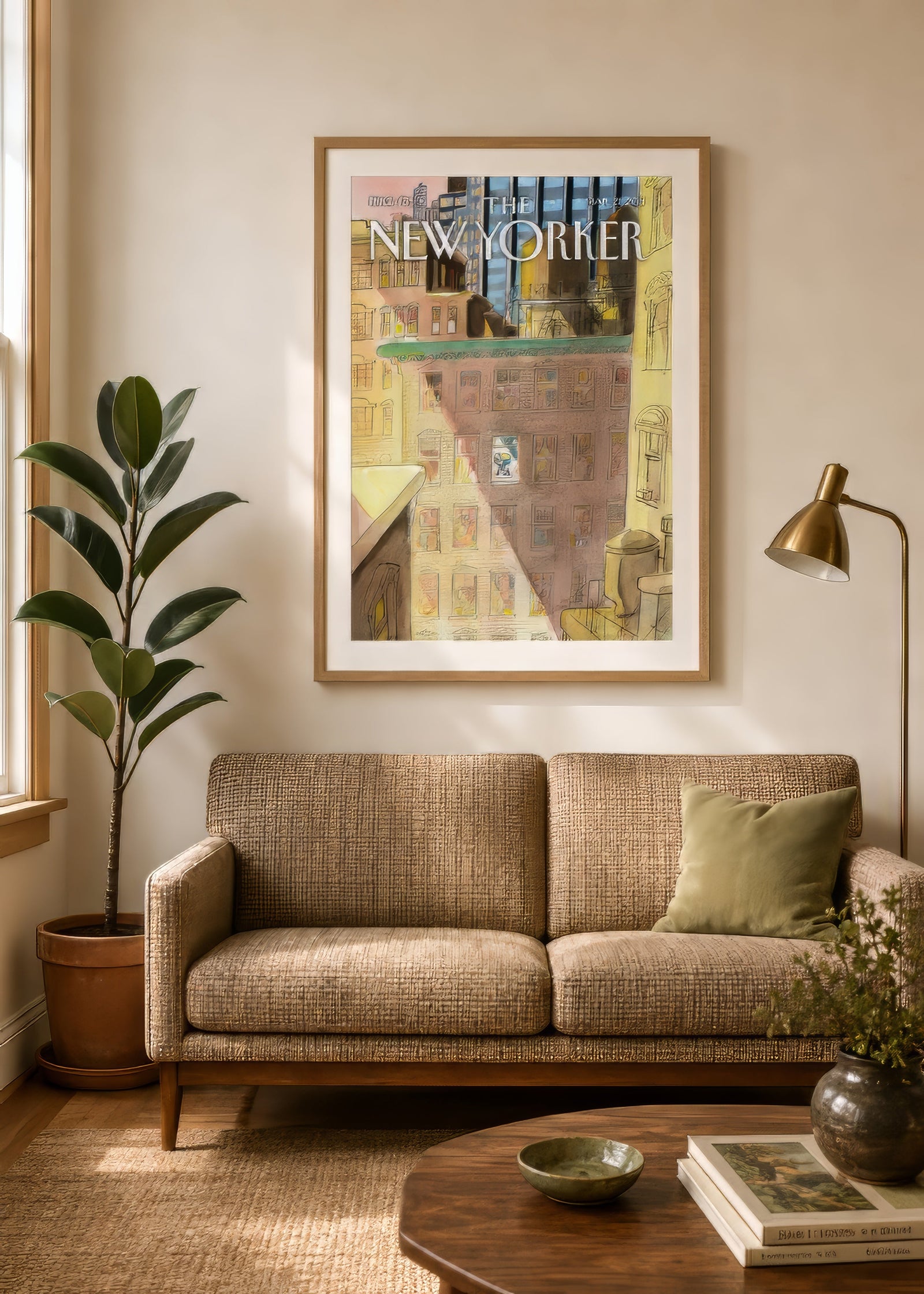 Framed vintage New Yorker magazine cover with pastel rooftop illustration in oak frame above a charcoal sofa in an airy oak-floored living room.