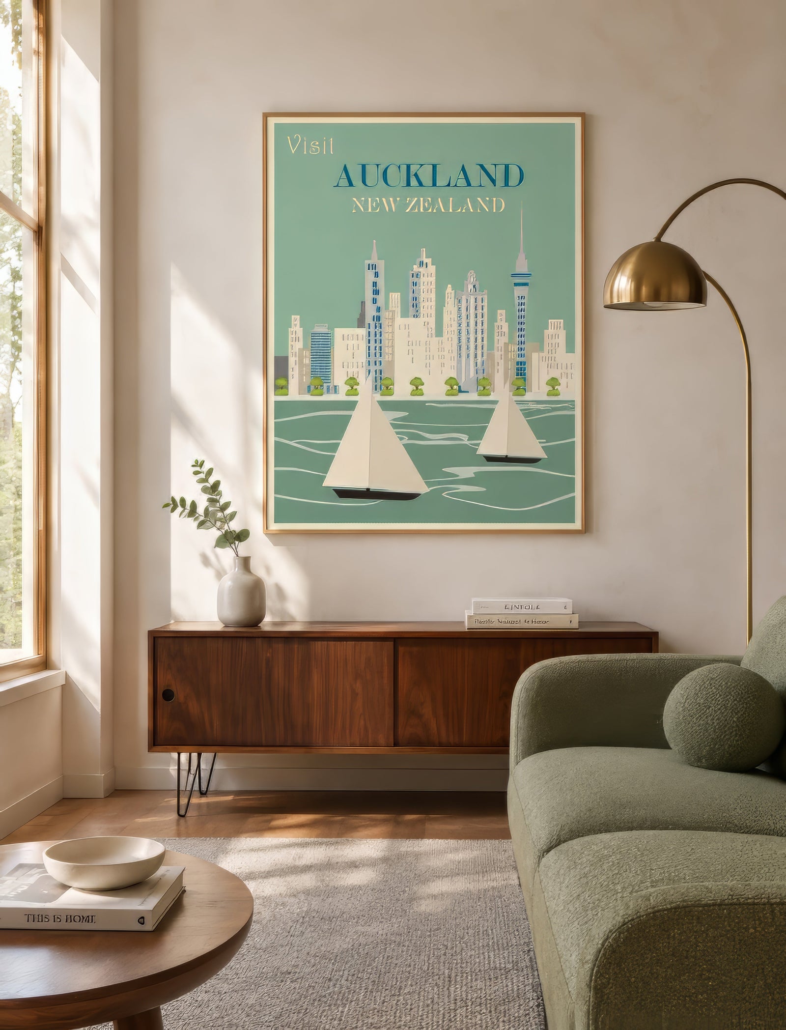 Vintage Auckland New Zealand travel typography poster in teal and ivory, natural wood frame above walnut credenza in modern living room.