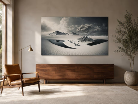 Monochrome surreal canvas of rippled dunes, mountains and a solitary tree, framed above a wooden sideboard in a warm modern living room.