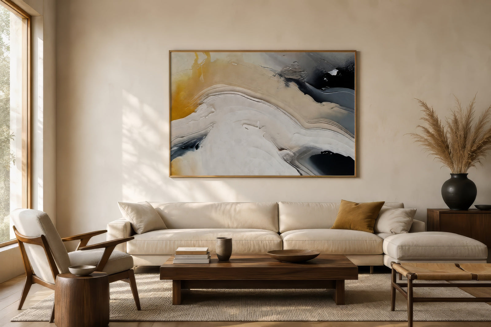 Minimal abstract canvas in ivory, gold, and black, oak-framed above an oatmeal sofa in a calm Scandinavian living room.