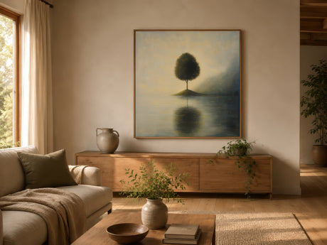 Framed landscape canvas of a solitary tree reflected in calm water, green and amber palette, above oak sideboard in cozy living room