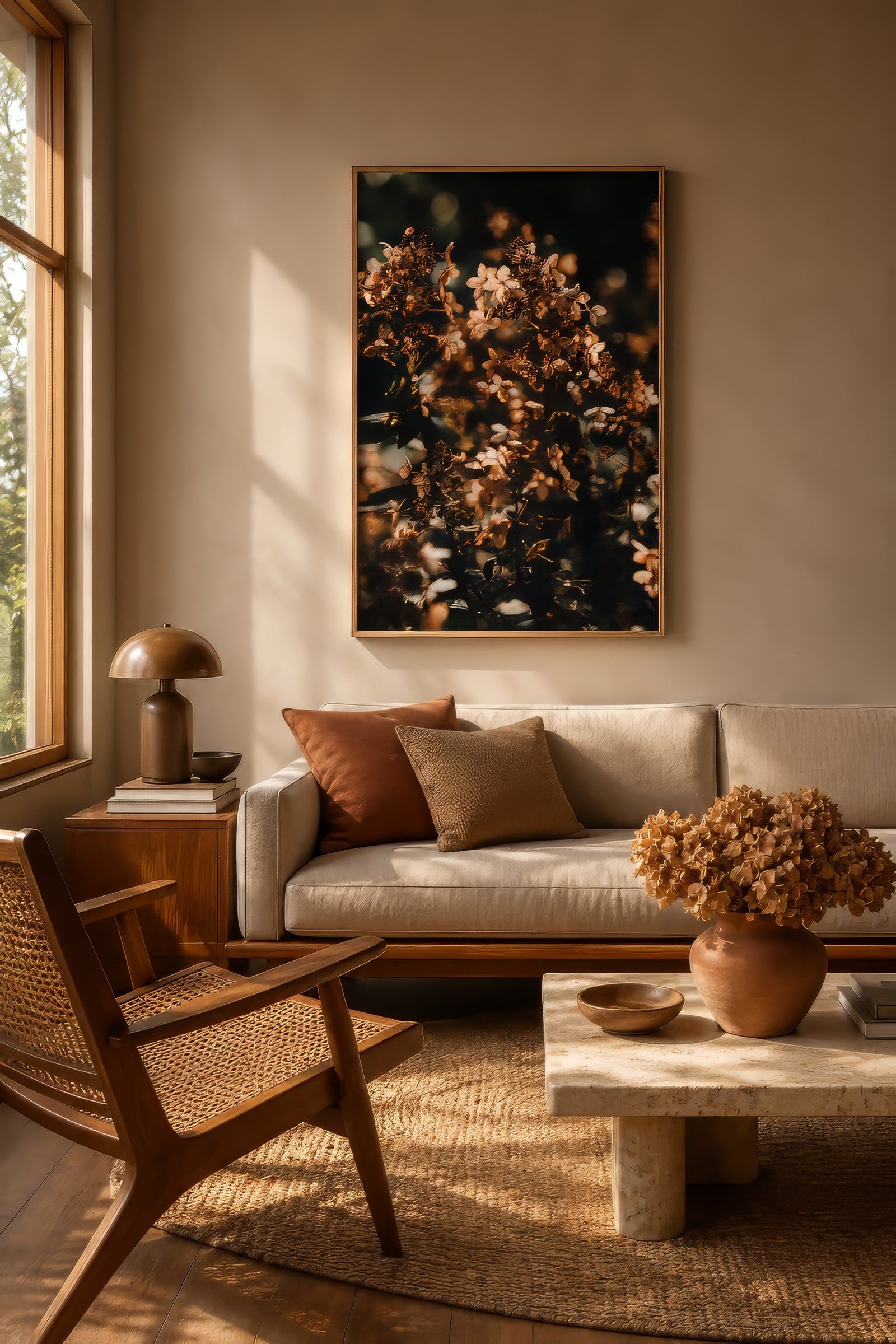 Nature-inspired wall art of dried autumn flowers in bronze and brown, framed above an oak sideboard in a sunlit linen-and-jute living room.