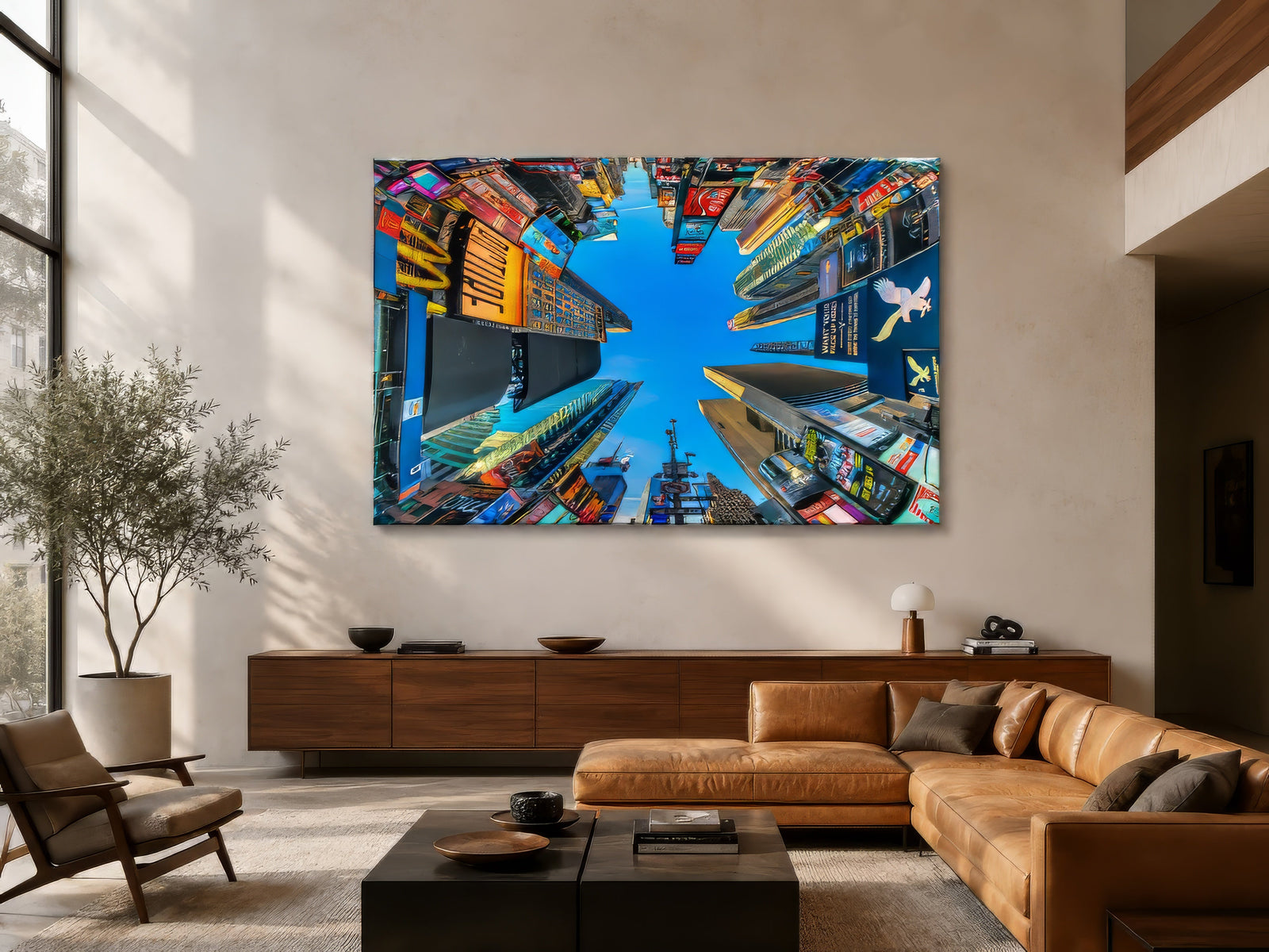 Colorful worm's-eye Times Square canvas with billboards and blue sky, framed above walnut credenza in modern living room