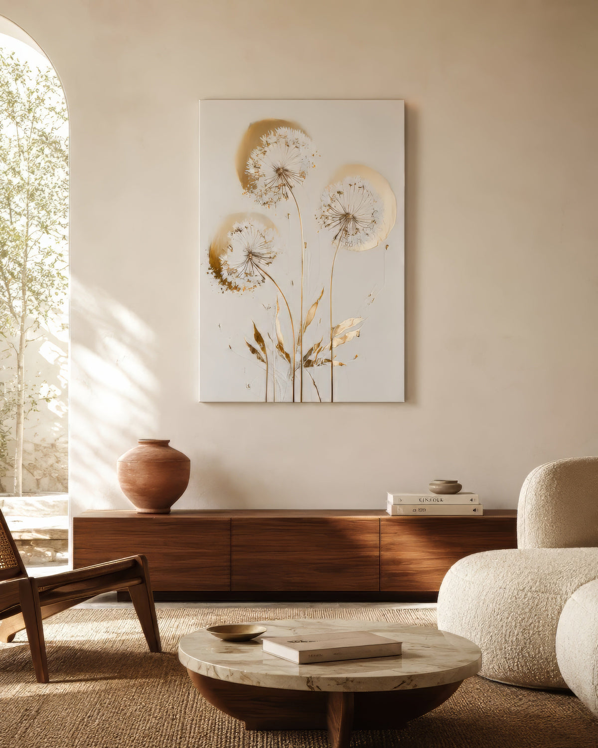 Beige and gold dandelion canvas above wooden sideboard in a calm modern living room with natural daylight