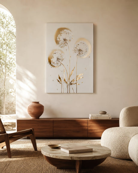 Beige and gold dandelion canvas above wooden sideboard in a calm modern living room with natural daylight