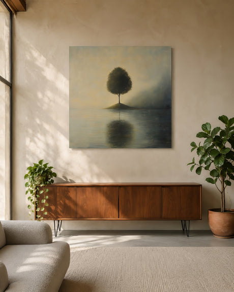 Dreamy minimalist canvas of a solitary tree over calm water in muted sage and gold, hung above a mid-century walnut sideboard in a sunlit living room.