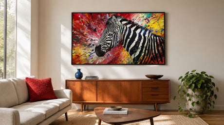 Bold street art zebra canvas in red, yellow, and orange splatter, framed above a camel sofa with brass accents in a modern living room.