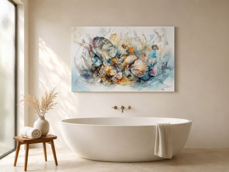 Abstract seashell watercolour canvas in pastel blues and corals hung over a white soaking tub in a serene spa bathroom
