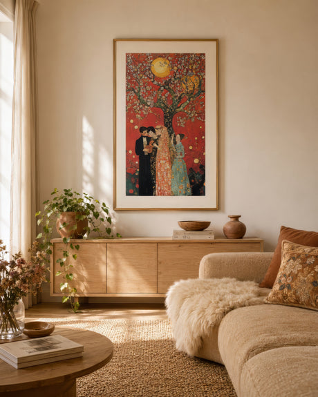 Framed figurative print of embracing couple under a golden tree on a red ground, hung in warm neutral living room
