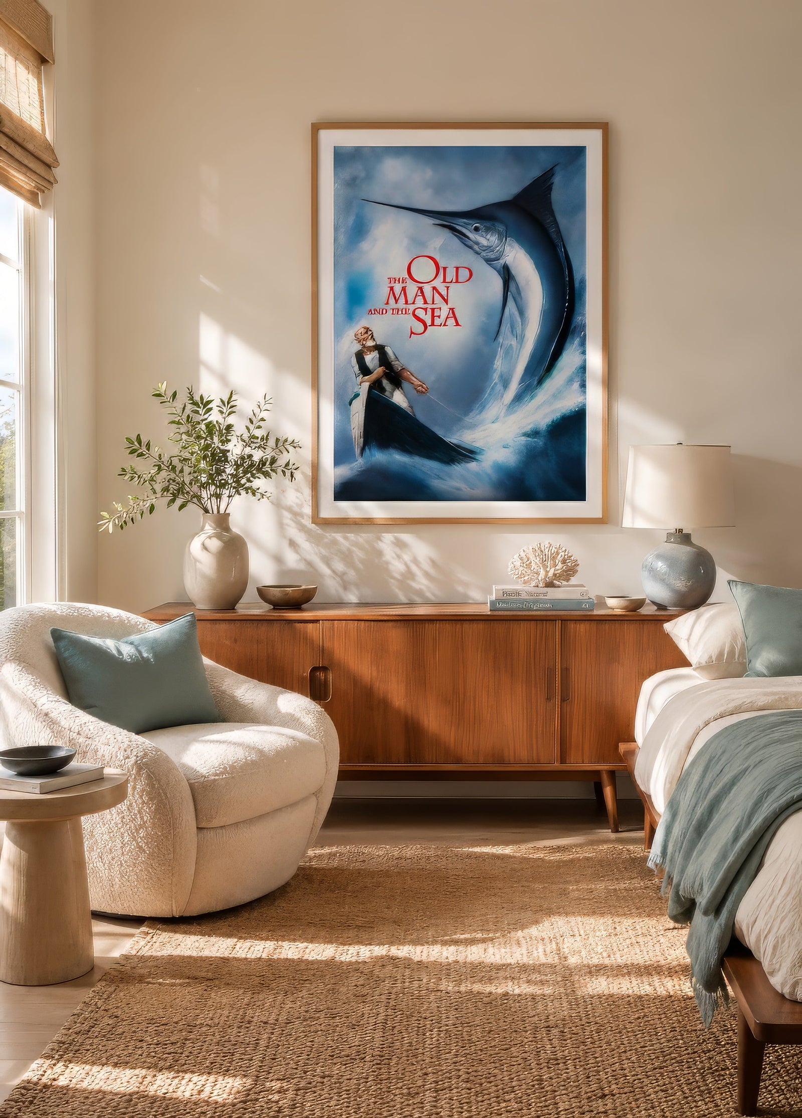 Old Man and the Sea movie poster art with leaping blue marlin, framed above linen headboard in airy coastal bedroom.