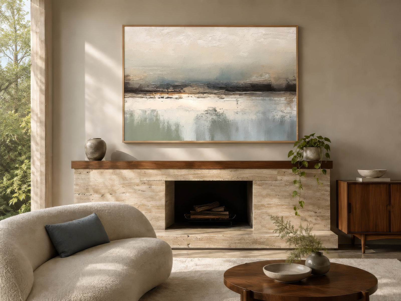 Abstract horizon landscape canvas in ivory, sage, and brown, framed in oak above a stone fireplace mantel in an airy neutral living room.